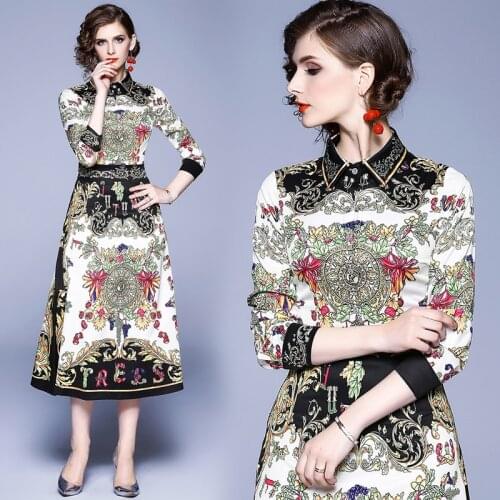 Slim Vintage Floral Print Turn Down Collar Shirt Bandage Dress Midi Long Party Women High Waist Vestido De Festa Elegant Dresses