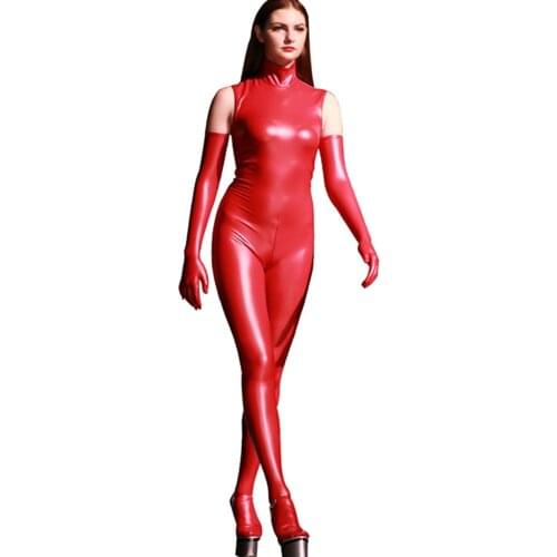 2Pcs/set Sleeveless Turtleneck Latex Catsuit Faux Leather Bodycon Jumpsuit Sexy Clubwear Wet Look Bodysuit With Gloves