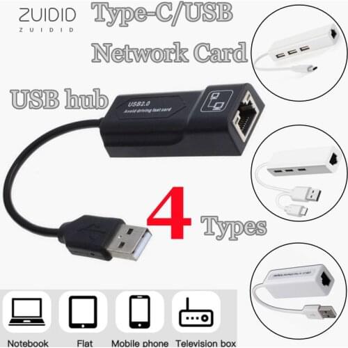 4Types USB 2.0 Type-c Wired Network Card OTG Hub to Rj45 High-speed Lan Adapter Splitter For School Office Notebook Tablet