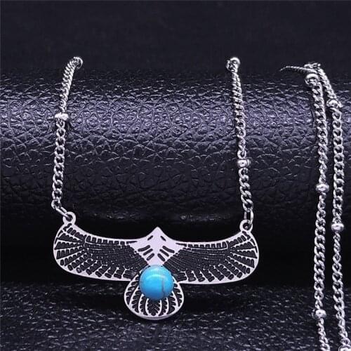 Boho Eagle Stainless Steel Blue Natural Stone Charm Neckalce Women Silver Color Bohemian Vacation Jewelry bijoux femme N4088S04
