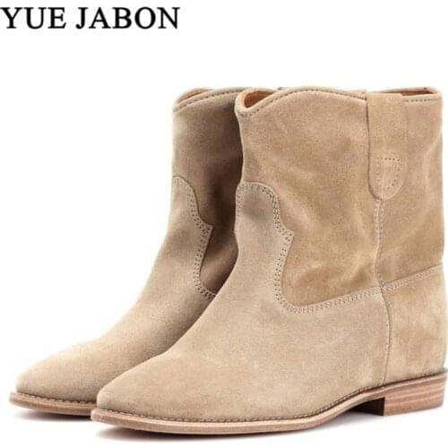 Black Nude Leather Boots Women Genuine Mid Heel Ankle Boots Flat/Wedeg Heel Slip On Western Boots Cowboy Boots szapatos de mujer