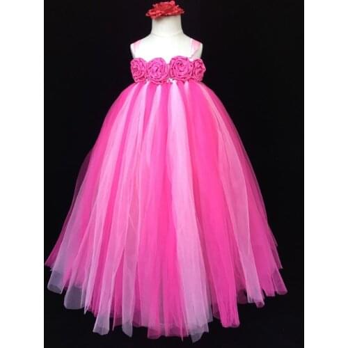 Baby Girls Pink Flower Tutu Dress Kids Crochet Tulle Dress Long Ball Gown with Rose Headband Children Party Dress Custom Tutus