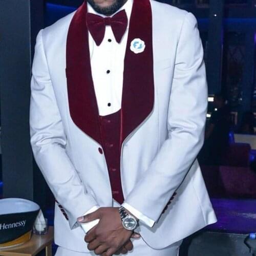 Tailor Made Fashion White Men Suits Burgundy Shawl Lapel Slim Fit Tuxedo Groomsmen For Wedding Dinner Party Suit (Blazer + Pant)