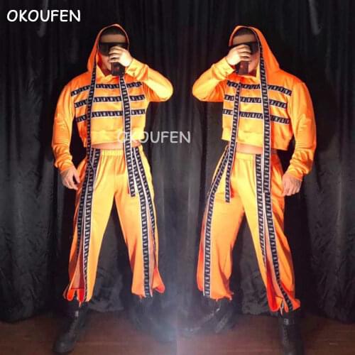 Fashion Fluorescent orange hip-hop catwalk short sweater sports pants costume suit Nightclub bar Ds singer stage wear