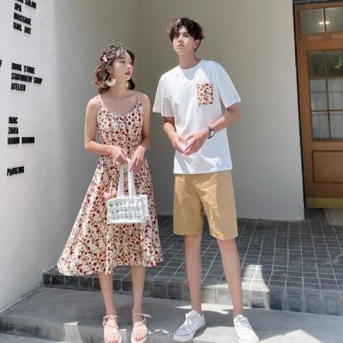 The couple installed summer new HyunA wind sling with floral skirt mens short sleeve T-shirt couples clothes couples clothing