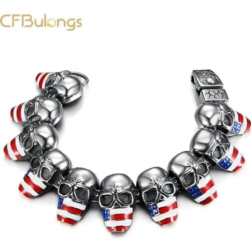 CFBulongs New Men Stainless Steel Bracelet Cool Punk American Flag Skull Bracelet For Mans Jewelry Drop Shipping