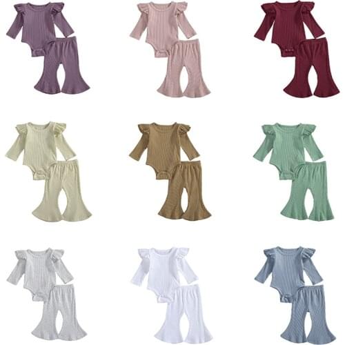 0-24M Autumn Newborn Ruffles Long Sleeve Rompers Tops+Flare Pants Girls Casual Ribbed Knitted Outfits
