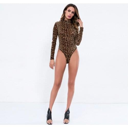 Sexy Women Leopard Print Long Sleeve High Neck Jumpsuit Romper Bodysuit Playsuit