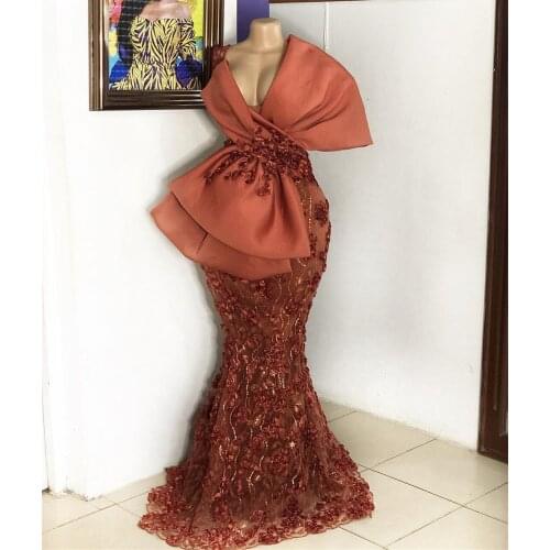 African Mermaid Evening Dresses With 3D Lace Appliques Beaded Sequins Prom Dress Long Deep V Neck Plus Size Party Gown