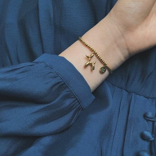 Balloon dog elastic bracelet good luck round bead gold jewelry titanium steel plated 18K gold