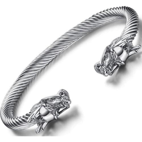 High quality Mens Double Head Dragon Bracelet Adjustable Stainless Steel Sliver Cuff Cool Polished free shipping