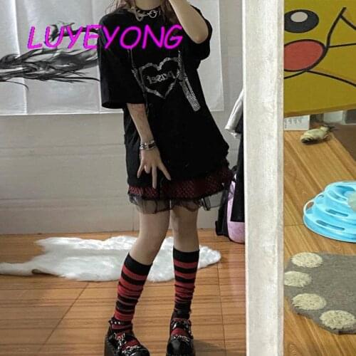 Y2k Japanese Cotton Tops Lady Skeleton Letter Ctrystle Stamping T-shirt Black Gothic Girl Harajuku Summer T Shirt Punk Street