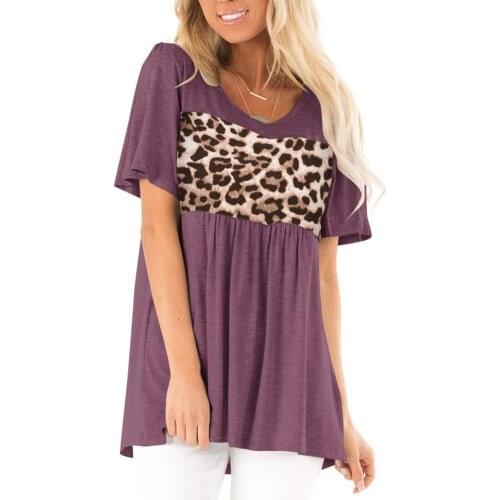 Hot Women Shirt Sexy O Neck Short Sleeve Stitching Leopard Pullover Loose Blouse Short Sleeve Stitching Leopard Patchwork Shirts