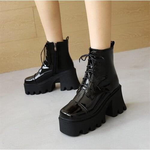 PXELENA Vintage 2022 Winter Women Ankle Boots Chunky Platform High Heels Thick Sole Punk Gothic Shoes Black Lace Up Lady Street