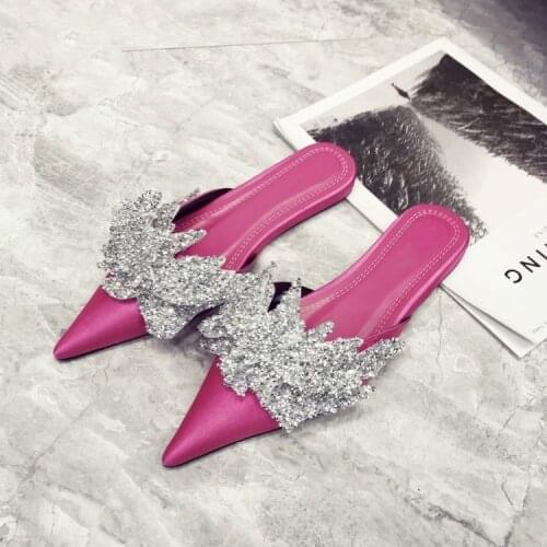 Dropshipping 2019 Satin Pointed Toe Women Sandals Luxurious Flowers Rhinestone Women Flip Flop Muller Slippers Women Flat Shoes