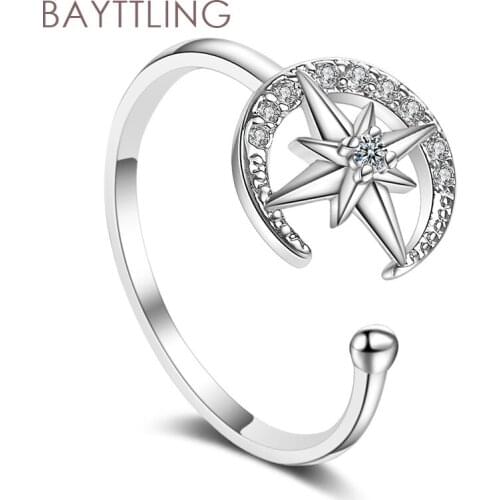 BAYTTLING 925 Sterling Silver Shiny Zircon Star Moon Open Ring For Woman Fashion Wedding Gift Jewelry