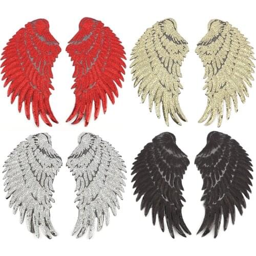 1Pair Gold Silver Red Black Large Feathers Wing Sequin Badge Iron On Embroidery Patches for Clothing Garment Appliques Accessory