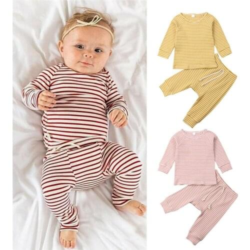 2Pcs Fashion New Spring Autumn Newborn Baby Girls Boys Clothes Cotton Casual Stripe Tops T-shirt+Pants Toddler Infant Outfit Set