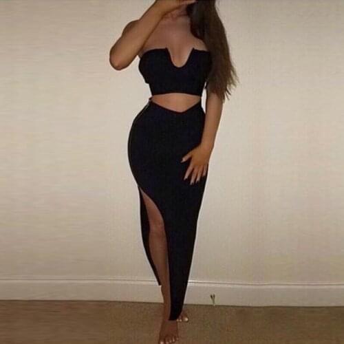 2020 Sexy Off Shoulder Two Piece Set Solid Bandage Dress 2 Piece Set Women Sleeveless Top And Ankle-Length Skirt Summer Sets