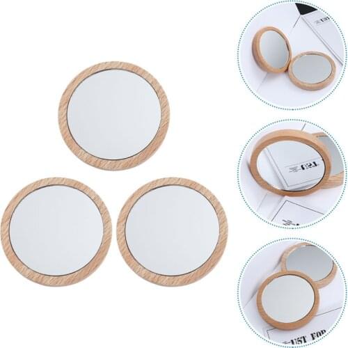 3Pcs Handheld Makeup Mirror Small Round Mirror with Wood Frame for Girls