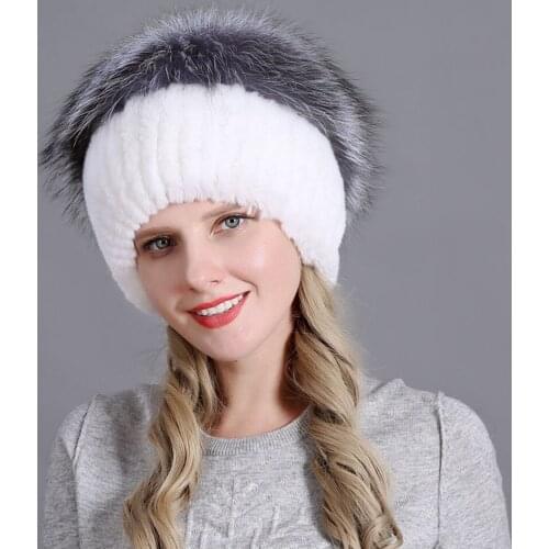 European Style Winter Women Hat Fur Pompom Beanie Rex Rabbit Fur Skullie Lady Fashion Knitting Headwear Warm Cotton Cap