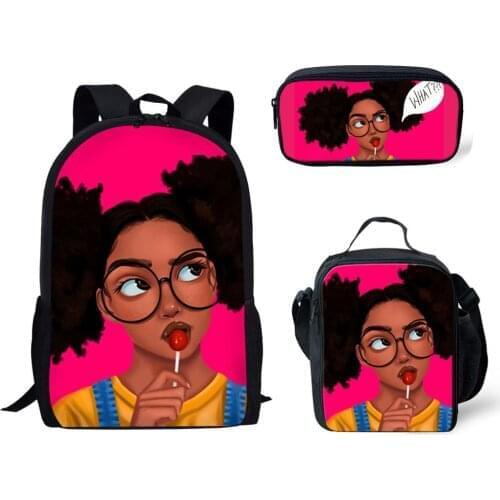 HALYUNASC 3PCs/Set Childrens School Backpack Cartoon African Girls Hairstyle Pattern Kids School Bags Teenagers Book-Bags Set