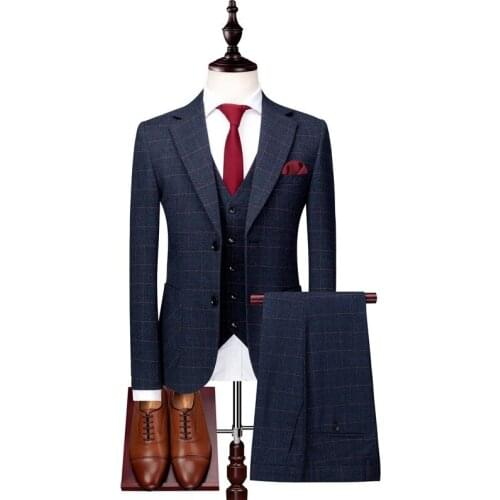 Suits mens suit 3-piece set blazer pants vest костюм mens check business formal suit fashion casual men suits terno masculino