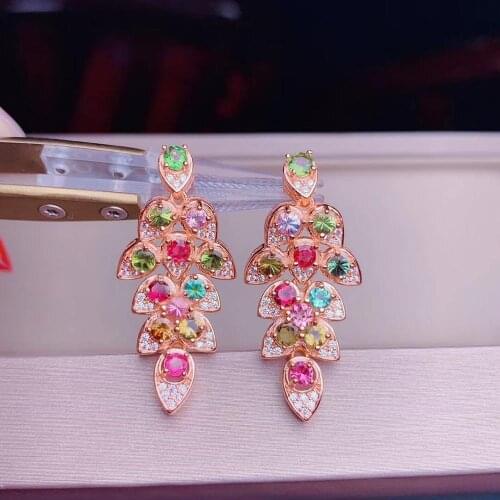 Fashion long Tassels Leaf natural Multicolor tourmaline drop earrings Natural gemstone earrings 925 silver female party jewelry