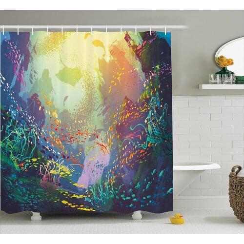 Sea Animals Shower Curtain Underwater with Coral Reef and Colorful Fish Aquarium Artistic Home Art Waterproof Bath Curtains