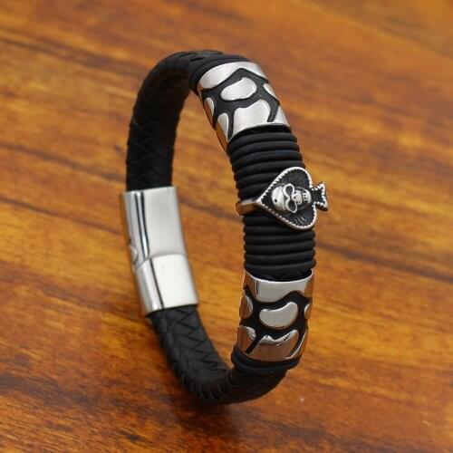 Men Jewelry Retro Genuine Leather Bracelet Spades Skull Stainless steel Bead Bracelets with Magnet Clasp 12MM Wide Braided