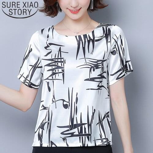 2020 New Style Short Sleeve Elegant Printed Satin Blouse Women O-neck Loose Versatile Fashion Tops Blusas Mujer De Moda 8682 50
