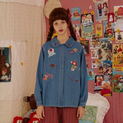 2018 Autumn Winter New Women Denim Blouse Cute Dolls Embroidery Long Sleeve Femme Denim Shirts New Design Thin Tops