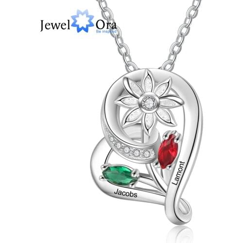 JewelOra New Personalized Sunflower Pendant with Name Engraving Custom 2 Birthstone Heart Necklaces for Women Gifts