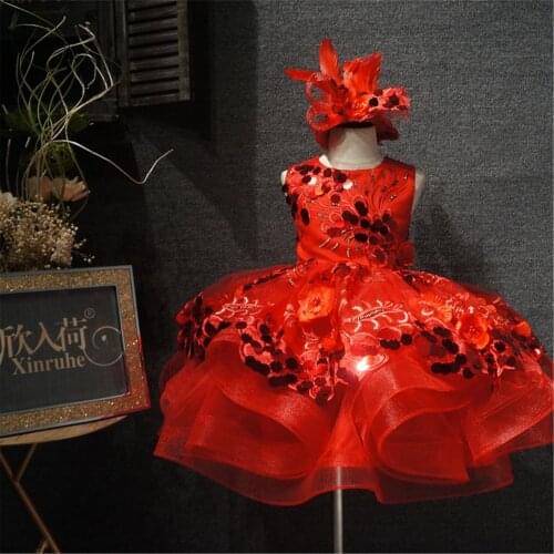 Luxury Red Sequin Tutu Flower Girls Birthday Party Dresses Puffy Girls Tulle Girls Celebration Dresses With Headpiece Custom