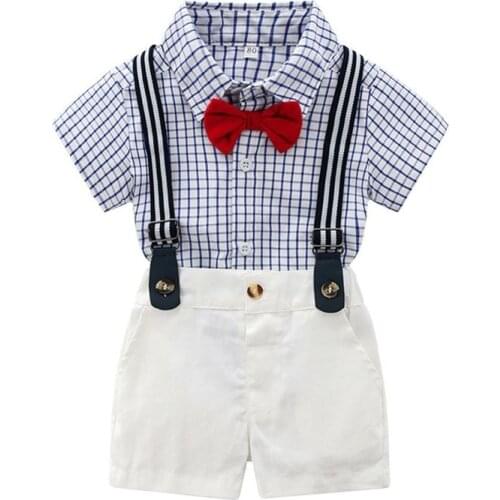 Summer boy baby short-sleeved shirt blue plaid clothes, fashion strap shorts suit 9M-5T12345 years old