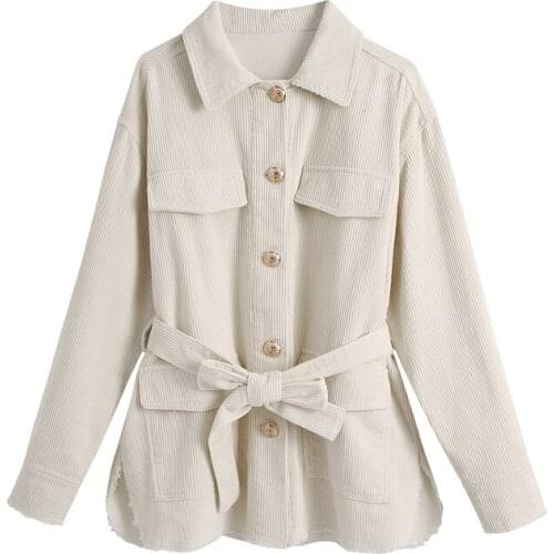 XNWMNZ 2021 Women Fashion belted corduroy overshirt Jackets Retro casual long sleeves pockets female coat with Belt Outwear Top