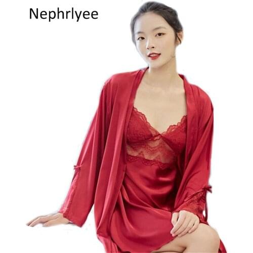 Robe Sleep Suit Womens Lace Satin Pajamas set Gown Set V-Neck Cami Nighties Wear Pijama Home Nightwear autumn Nightdress