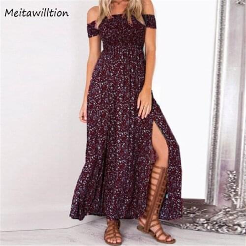 2020 Women Summer Casual Bohemian Dress Sexy Short Sleeve Slash-Neck Long Dress Vintage Floral Print Party Dresses Vestidos