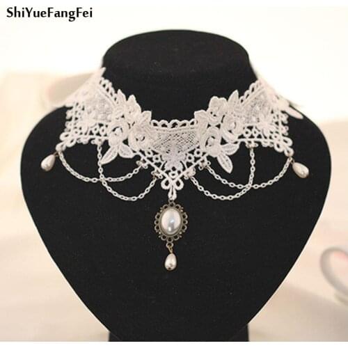 Gothic Bride Bridesmaid Jewelry Retro Elegant Imitation Pearl Necklace Pendant Necklace Wholesale Women White Lace