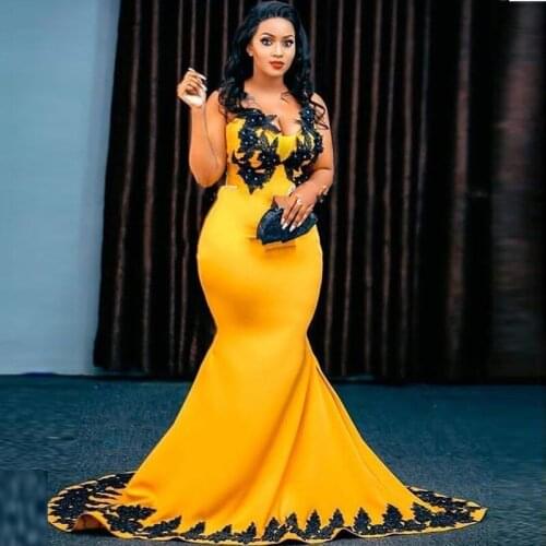 Golden Yellow Evening Dress Mermaid Plus Size Prom Dresses Applique abiye robe de soiree longue Modest Evening Formal Gowns