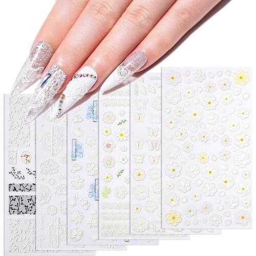 1Sheet White Embossed Flower Lace 5D Sticker Decal Wedding Nail Art Designs Floral Butterfly Japanese Manicure Decor