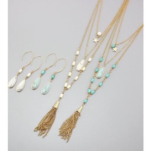 2016 new multillayer star drop water stone green beads long tassel necklace women beads stone drop Earrings