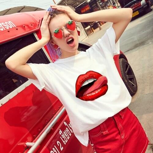 2021 New Fashion Womens Casual Sequins Red Lip T Shirt Short Sleeve T-Shirts Harajuku Casual TShirt female clothing Tops Tee