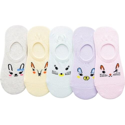 5 Pairs Women Sock Slippers Candy Color Socks Animals Cartoon Short Boat Socks Breathable Casual Cute Girl Funny Sock Calcetines