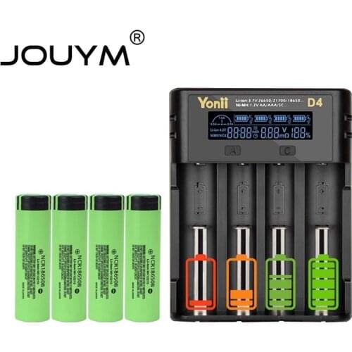 JOUYM 1/4/8 x 18650 Battery with 4 Slot Smart Battery Charger Bundle 3.7V 3400mah NCR18650B Lithium Rechargeable Batteries