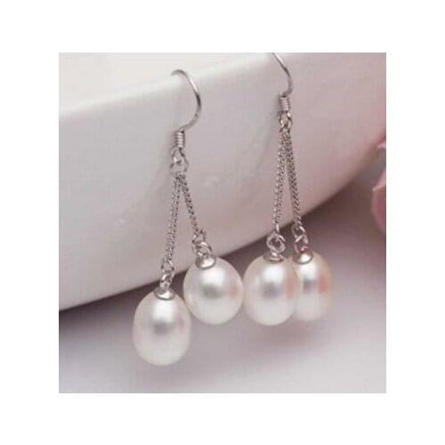 Free shipping Long Cultured Lady Genuine Real New Wedding Earrings Pearl Dangle Freshwater