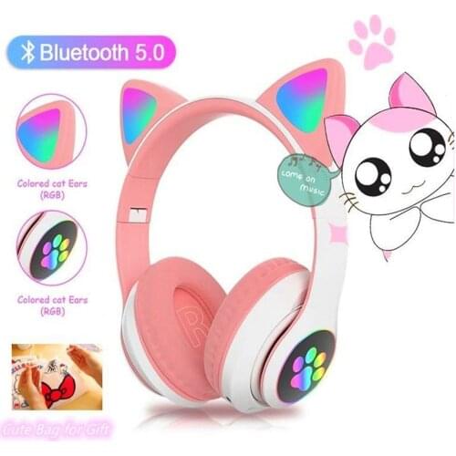 PGDM Glowing Light Cute Cat Bluetooth Headphone Best Christmas Gift Wireless LED Headset Stereo Music Earphone For Kids Girls