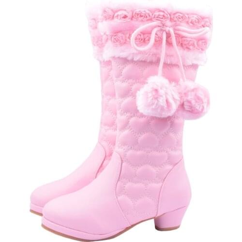 ULKNN Winter Snow Boot For Children Girls' High-heeled Princess Leather Footwear Cute Shoes Comfortable Velvet Warm Non-slip Zip