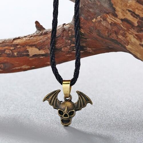 CHENGXUN 2020 Vintage Maxi Bronze Skull Bat Wing Pendant Necklace Black Rope Chain Fashion Jewelry Collier Men Jewelry Collares