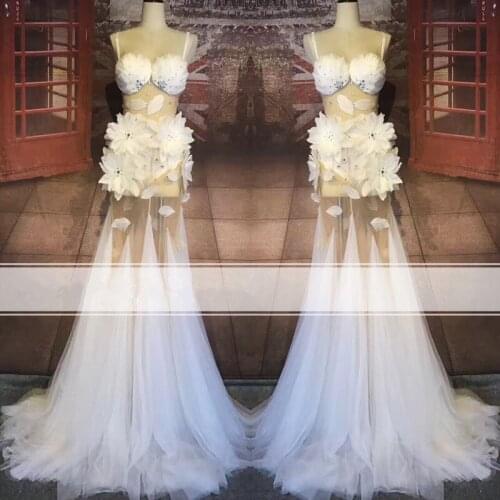 DC63 Singer stage party Perspective long skirt women long feather dresses sexy catwalk performance costumes dancer ballroom wear